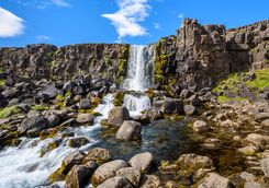 Waterfall nestled around rocks