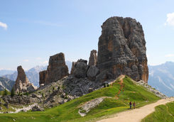 Hikers in front of Five Towers in the Dolomites