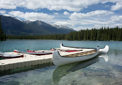 canoes in lac beauvert at jasper park