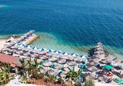 sarande albania beach umbrellas