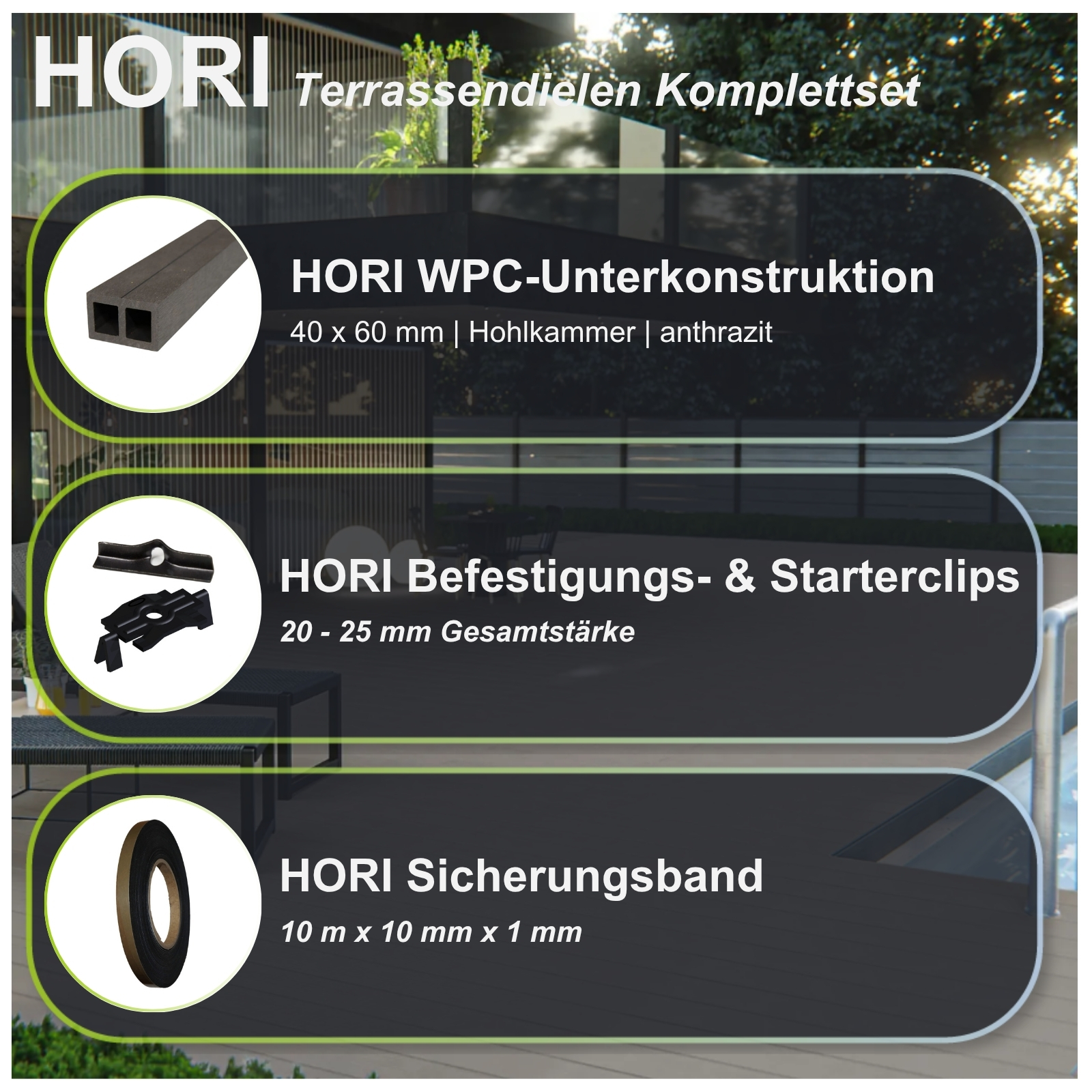 HORI BPC WPC Terrassendielen XXL massiv Komplettset mit Unterkonstruktion, Clips