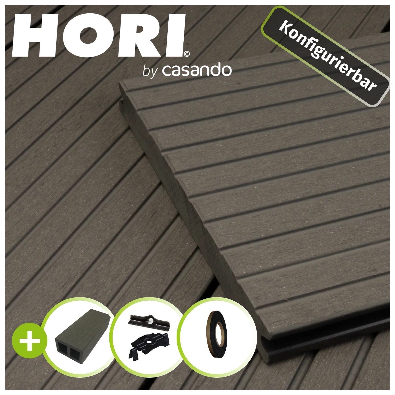 HORI BPC WPC Terrassendielen XXL massiv Komplettset mit Unterkonstruktion, Clips
