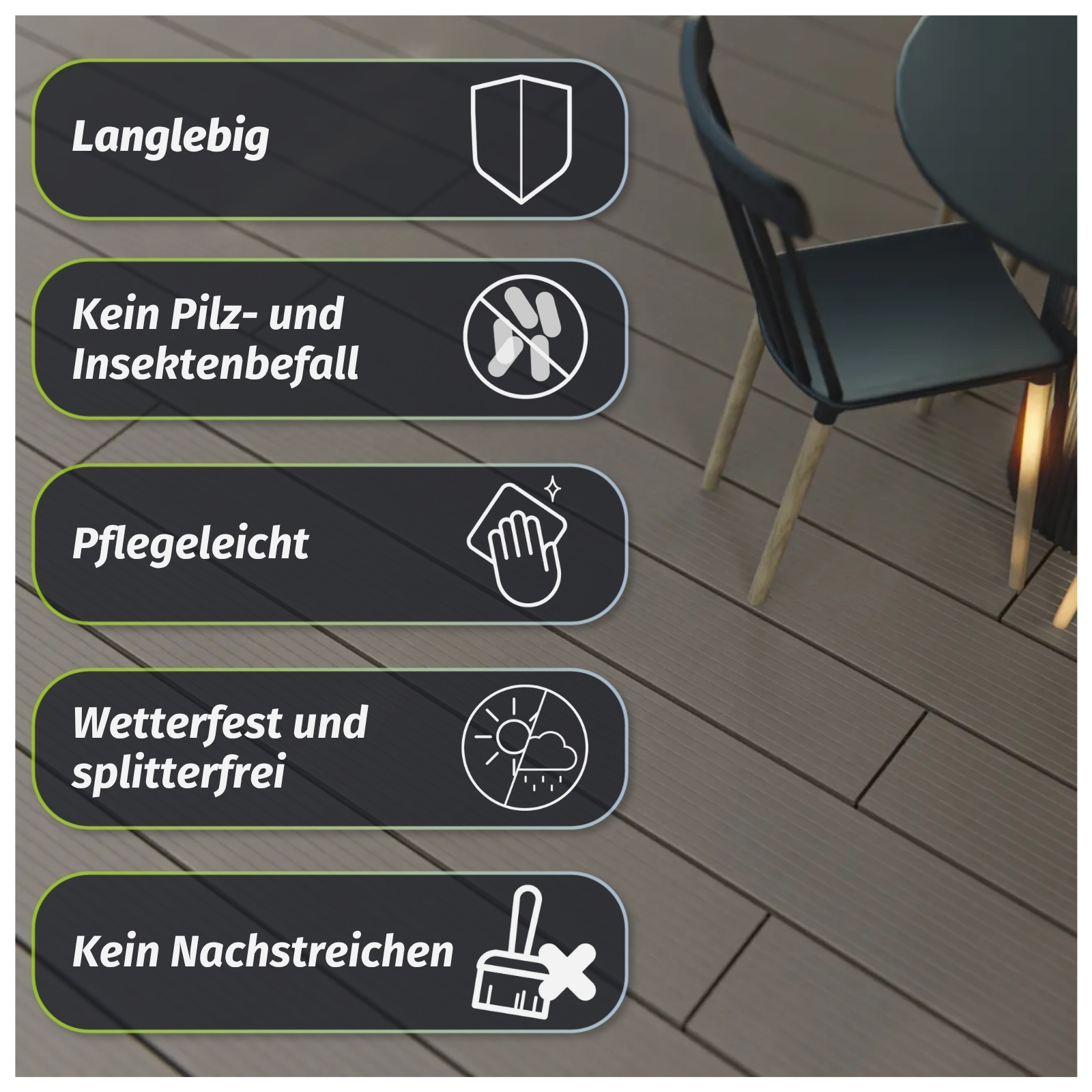 HORI BPC WPC Terrassendielen XXL massiv Komplettset mit Unterkonstruktion, Clips