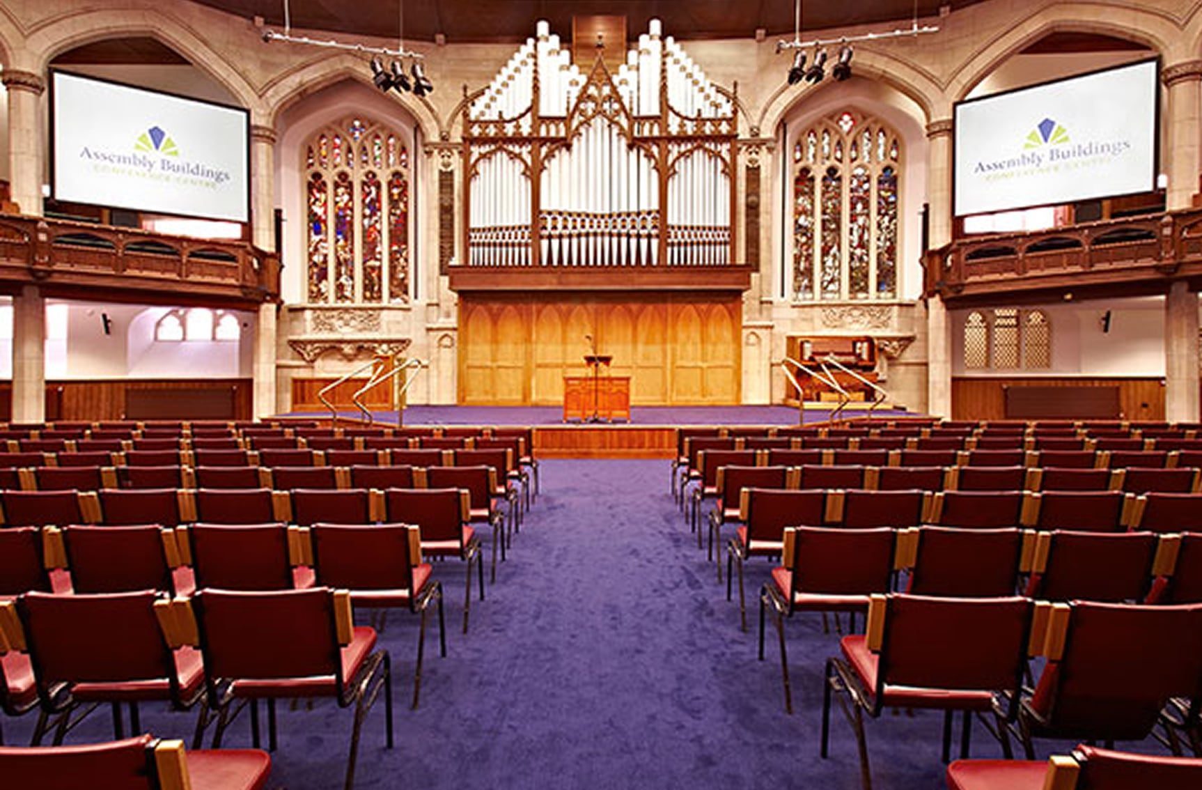 Inside assembly buildings looking towards front