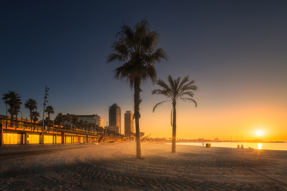 Sunset on the seafront of Barcelona
