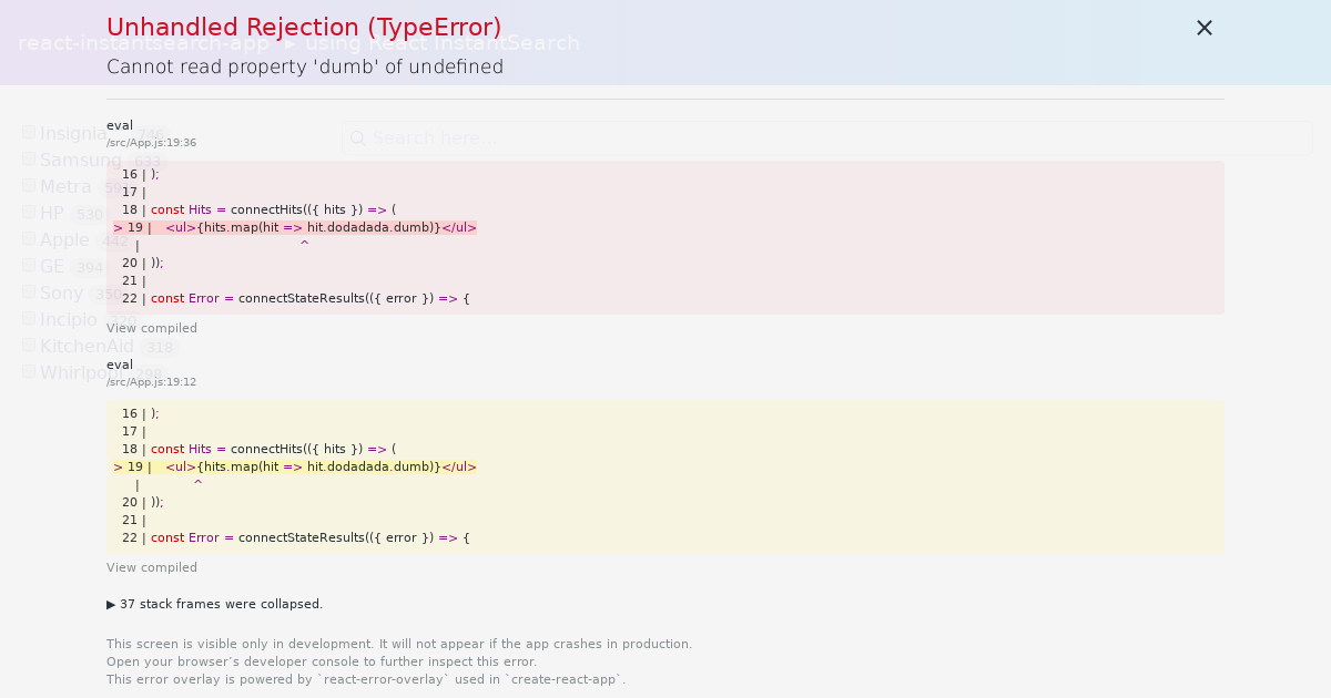 React InstantSearch Throw swallowed error Codesandbox