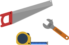 An image of a saw, tape measure & screwdriver.