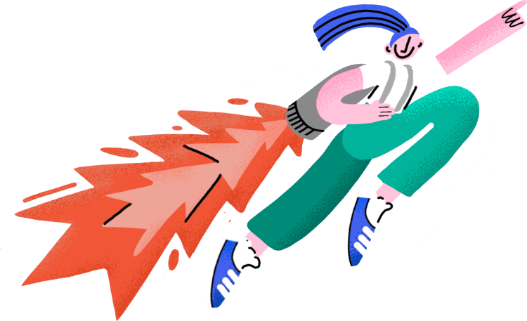 Portal hero illustration. A teacher flying with a rocket backpack.