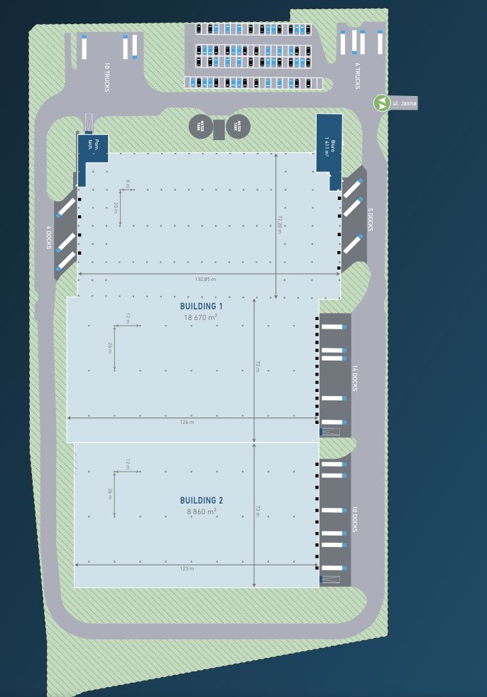 Magazyny do wynajęcia w Magazyny Logicor Racibórz. Siteplan.