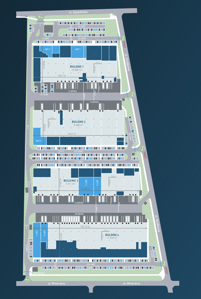 Magazyny do wynajęcia w Magazyny Logicor Okęcie. Siteplan.