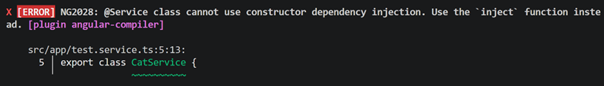 The image displays a code snippet error message in a software development environment, specifically related to a TypeScript file in an Angular project, indicating an issue with a service class's constructor dependency injection