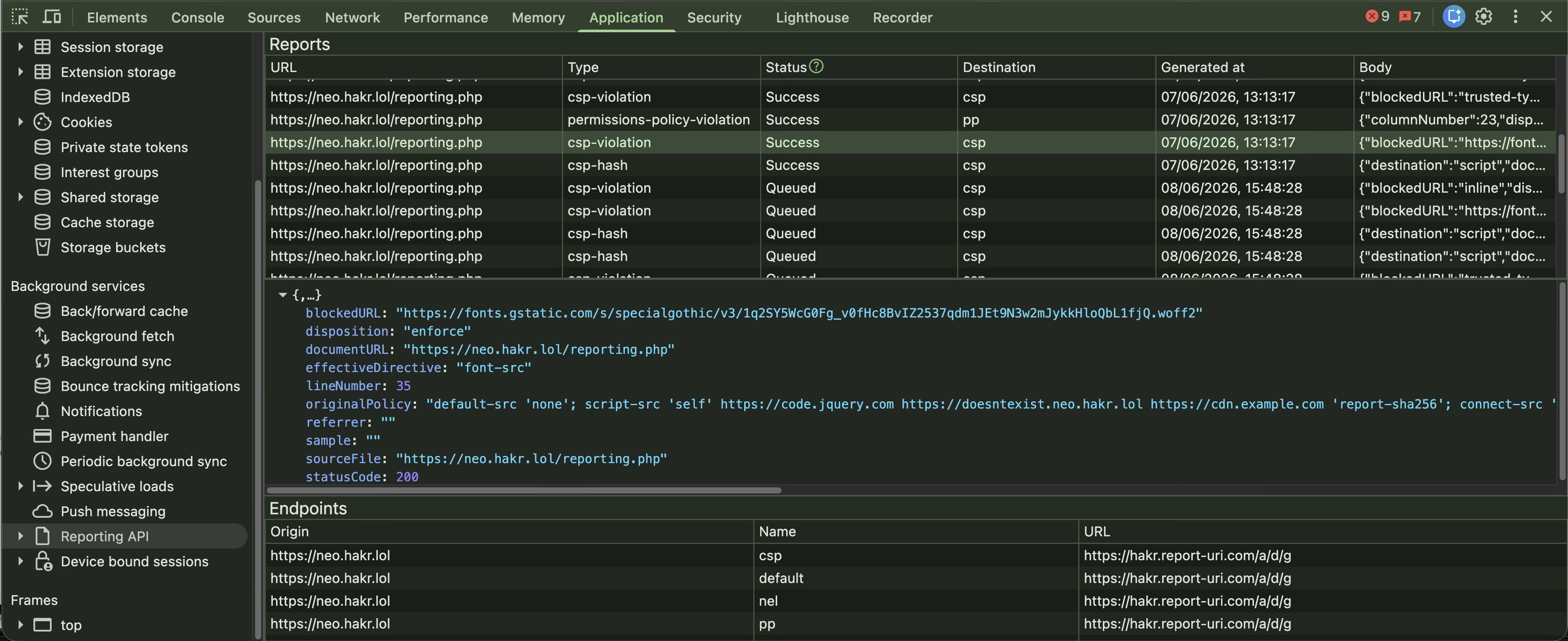 Fig. 2: Reporting API panel in Chrome developer tools.
