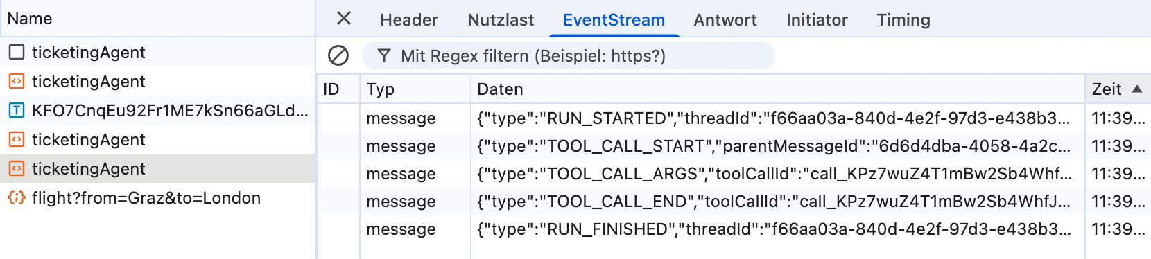 Fig. 4: AG-UI messages in the Dev tools