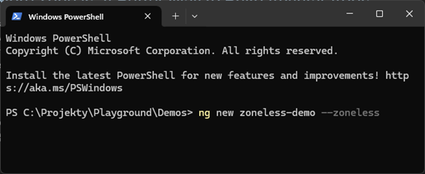 Create zoneless project with zoneless flag