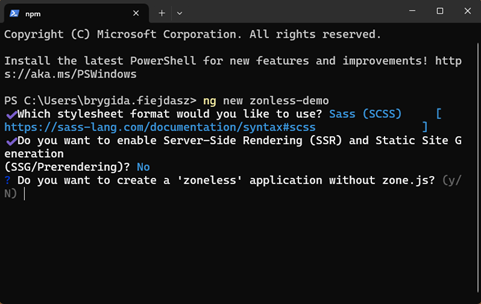 Create zoneless app - CLI zoneless question