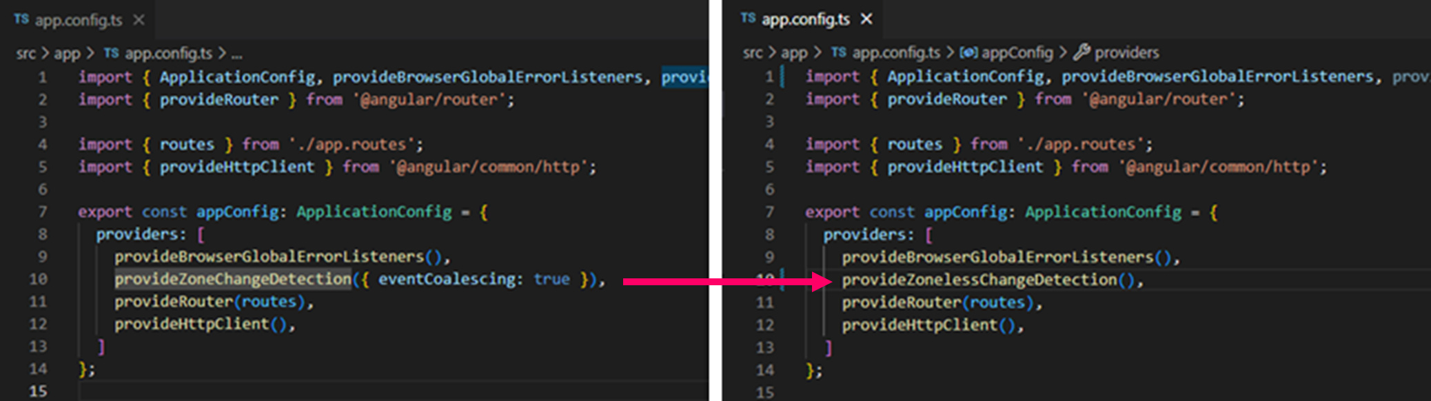 Switch to zoneless provider in app.config.ts