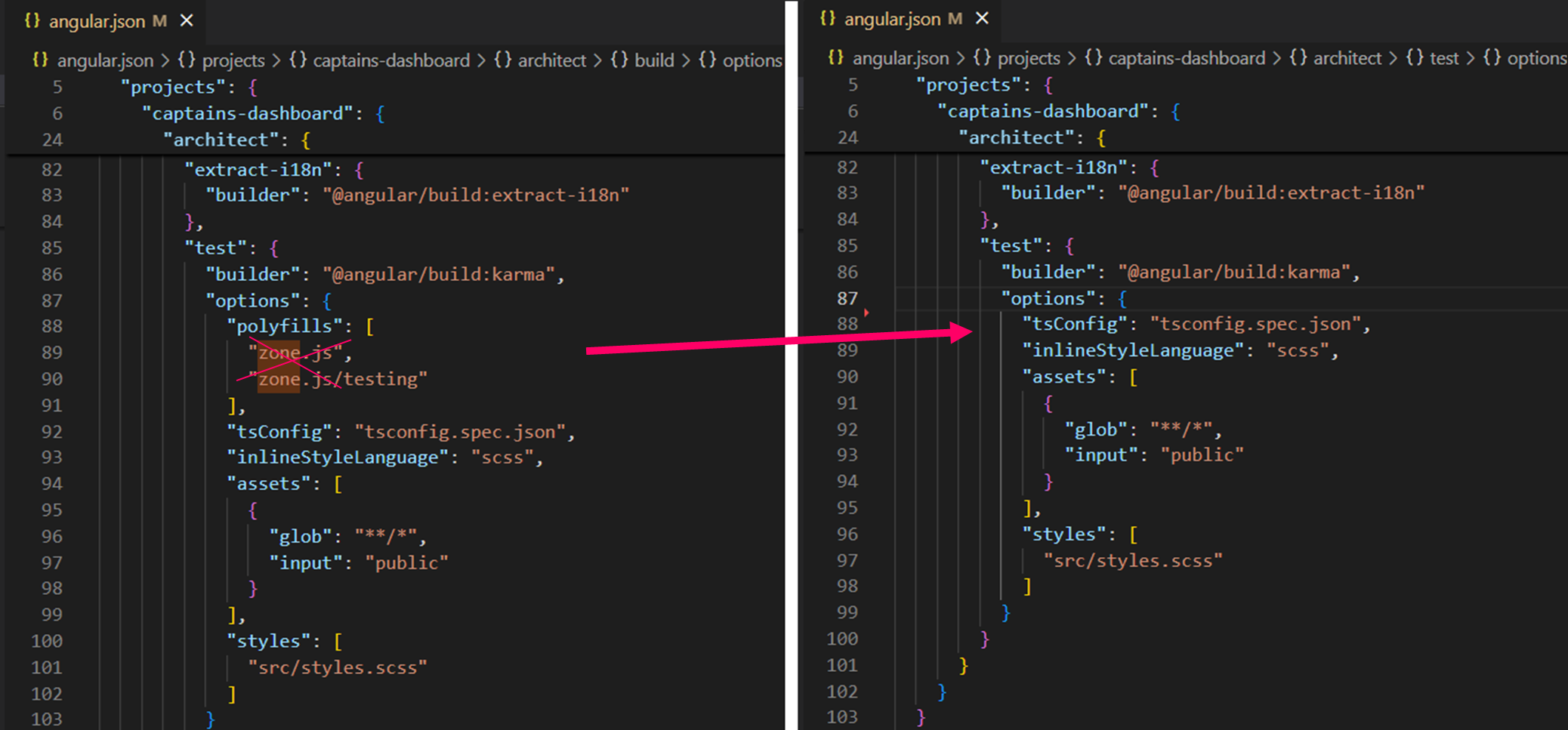 Remove zone.js and zone.js/testing from test config in angular.json