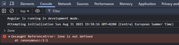 Checking in the browser console if Zone.js is still available in the app