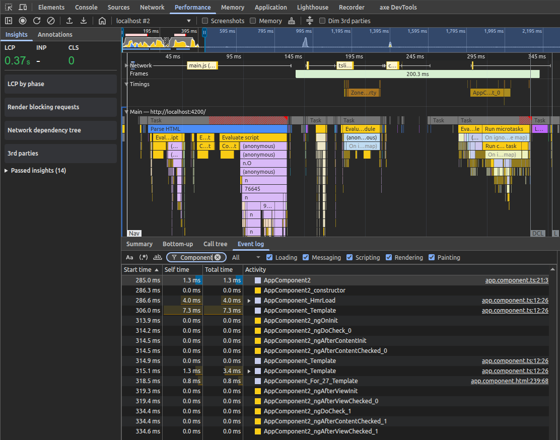 Screenshot of the Performance tab in the Google Chrome developer tools, showing the Gantt chart of event timings above and a list of timing events in a list below