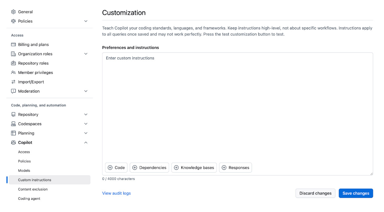 Fig. 1: GitHub Copilot organization-level configuration "Custom Instructions"