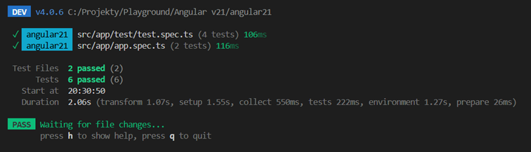 The Vitest test result in console
