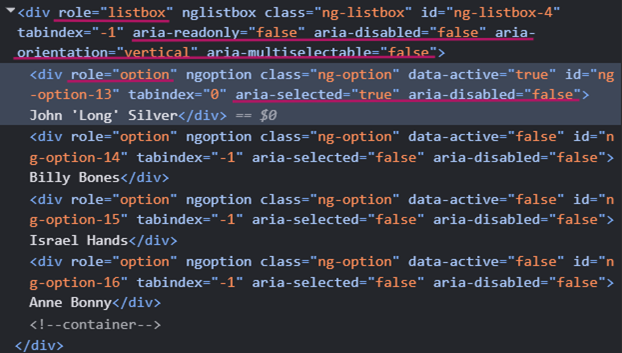 ARIA roles and attributes automatically added by using Angular ARIA directives