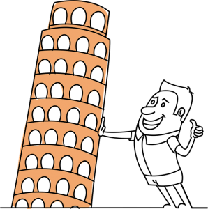 Zeichnung von einem Männchen, der den schieden Turm von Pisa hält