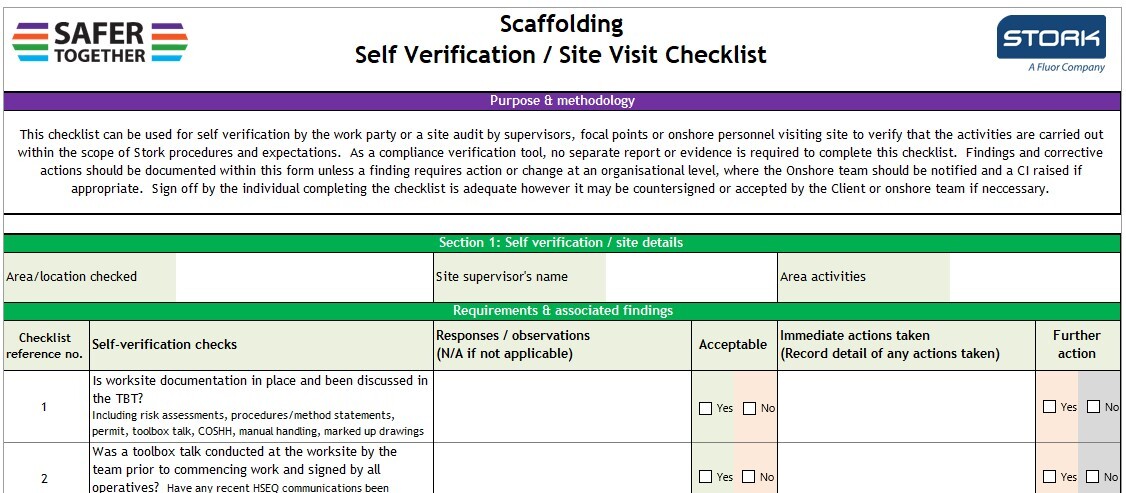 Self-verification & Site Visit Checksheet - Stork