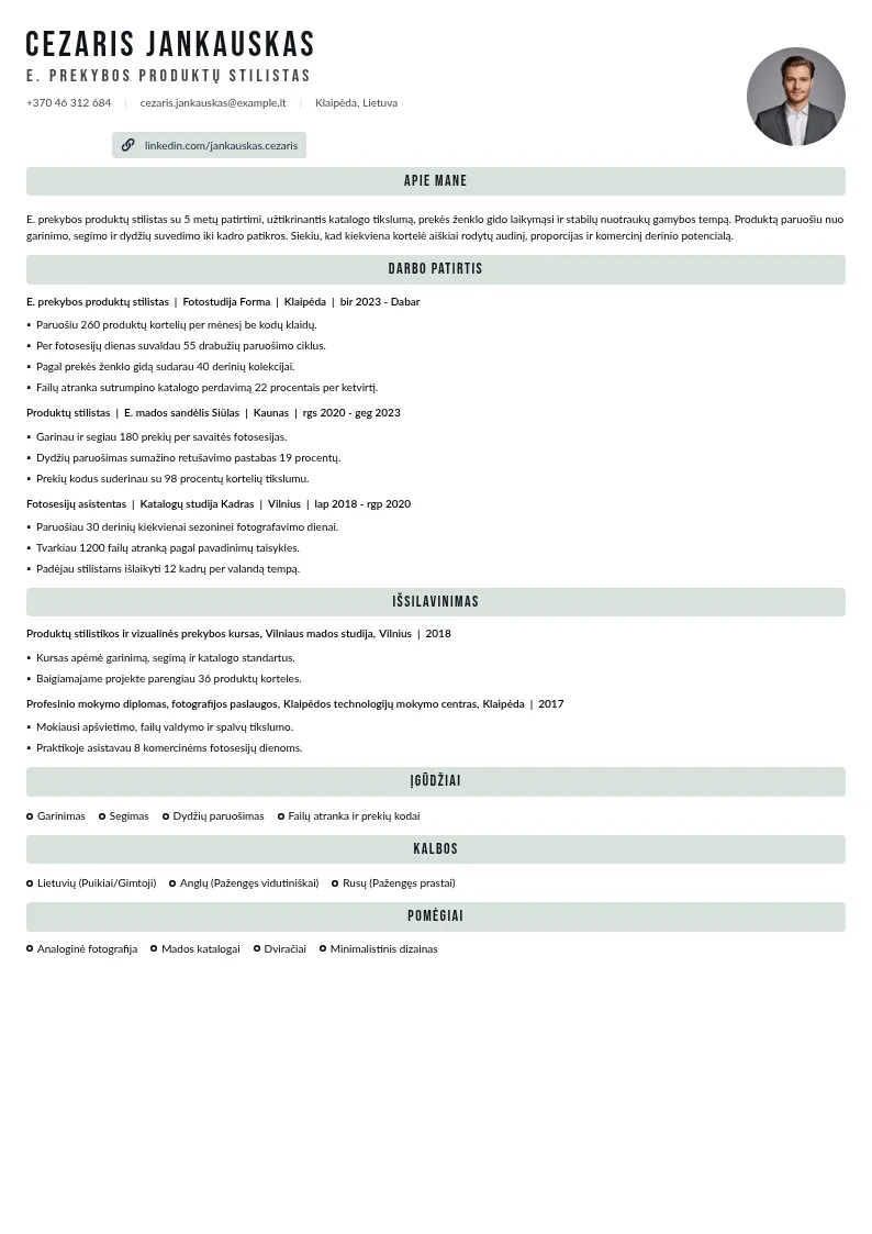 E. prekybos produktų stilistas