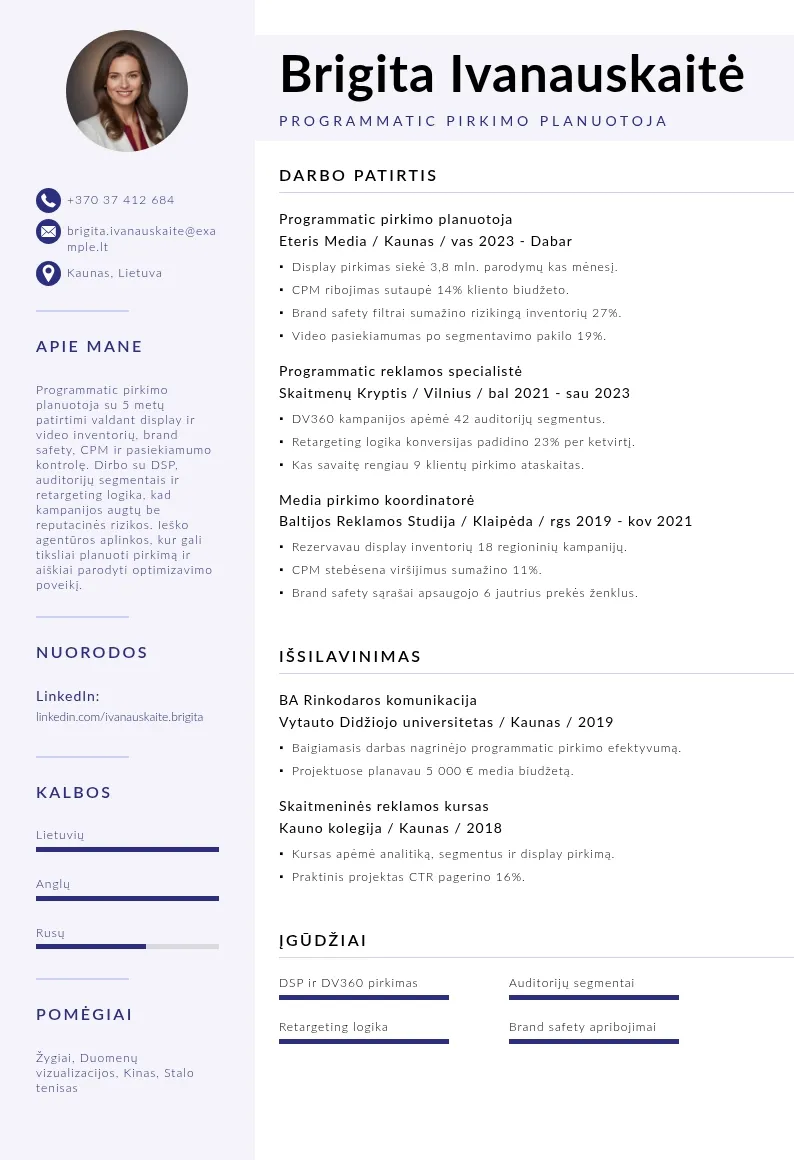 Programmatic reklamos pirkimo planuotojos CV pavyzdys