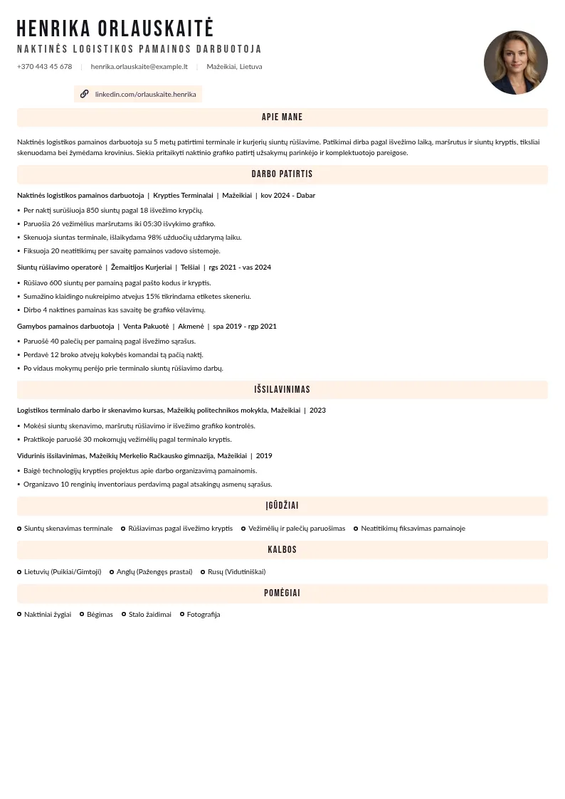 Naktinės logistikos pamainos CV pavyzdys