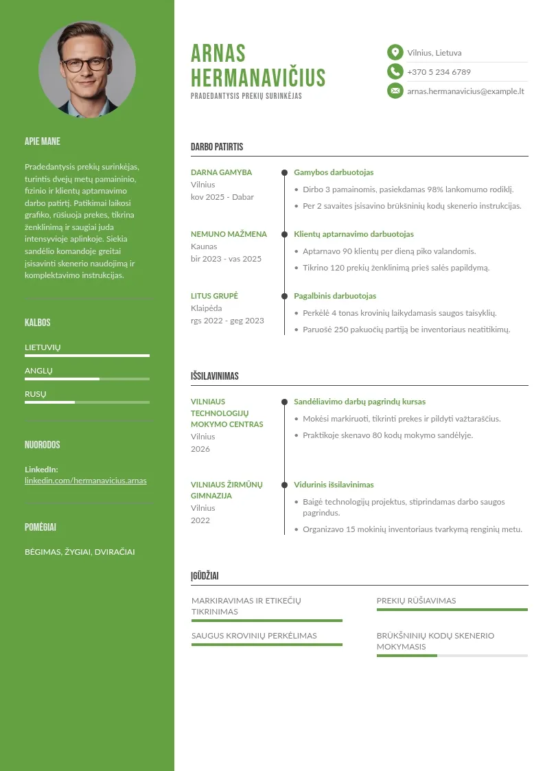 Pradedančiojo sandėlio atranka CV pavyzdys