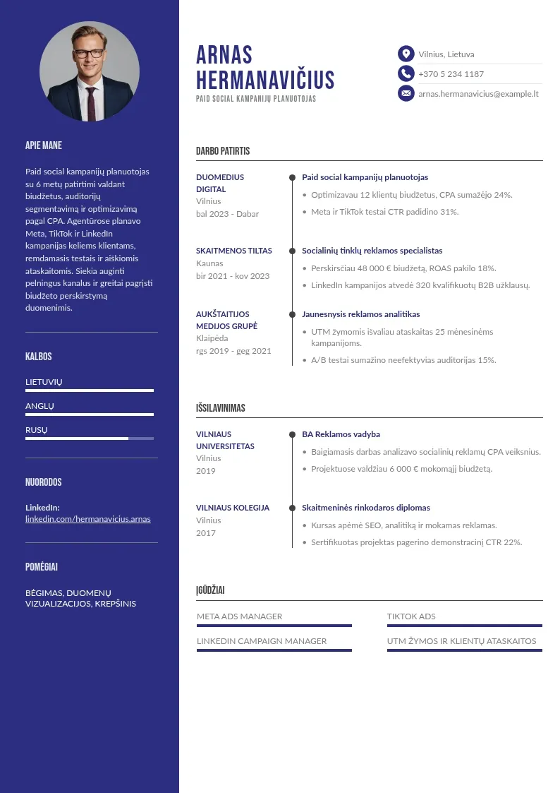 Mokamos reklamos socialiniuose tinkluose planuotojo CV pavyzdys