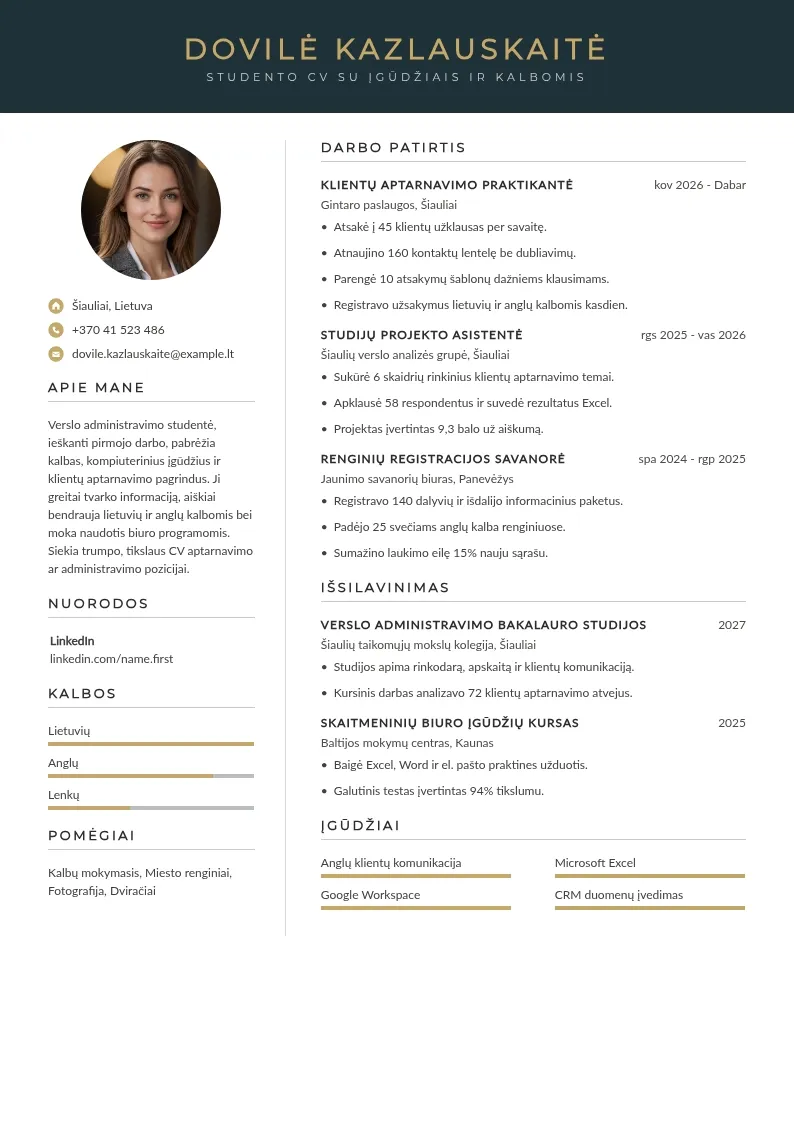 Studento CV su įgūdžiais ir kalbomis