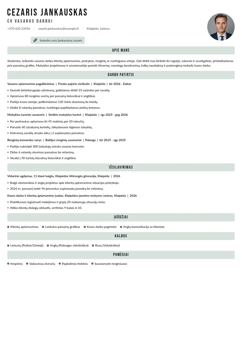 CV vasaros darbui