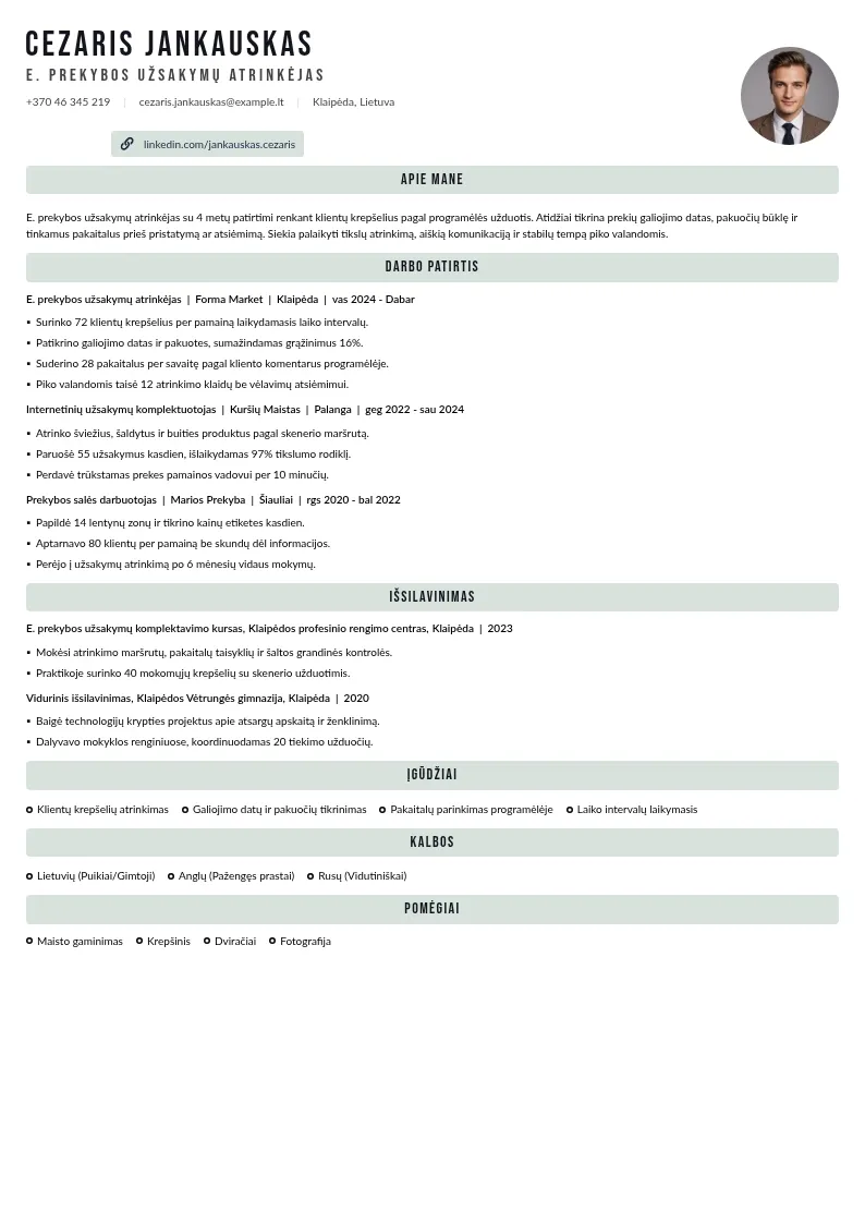 E. prekybos užsakymai CV pavyzdys