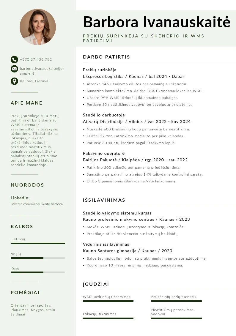 Skenerio ir WMS patirtis CV pavyzdys