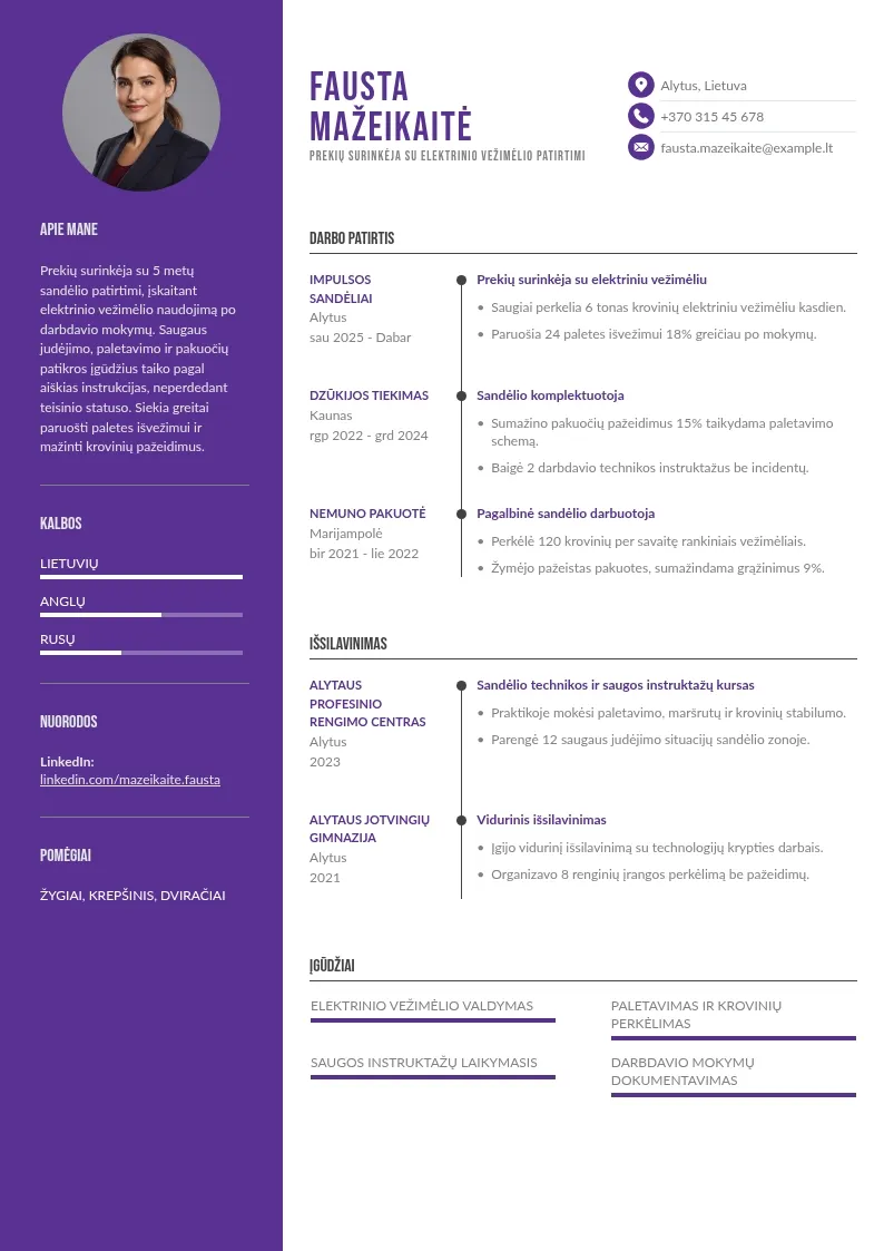 Elektrinio vežimėlio naudojimas CV pavyzdys