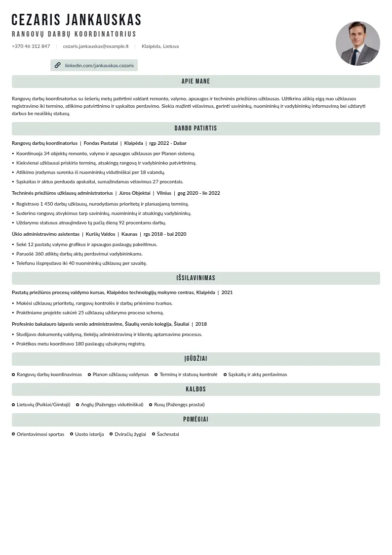 Rangovų darbų koordinatoriaus CV pavyzdys