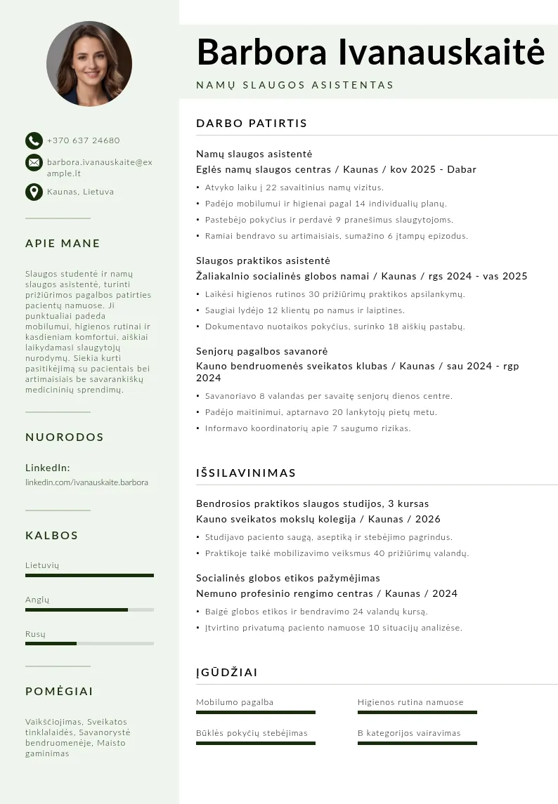 Namų slaugos asistento CV