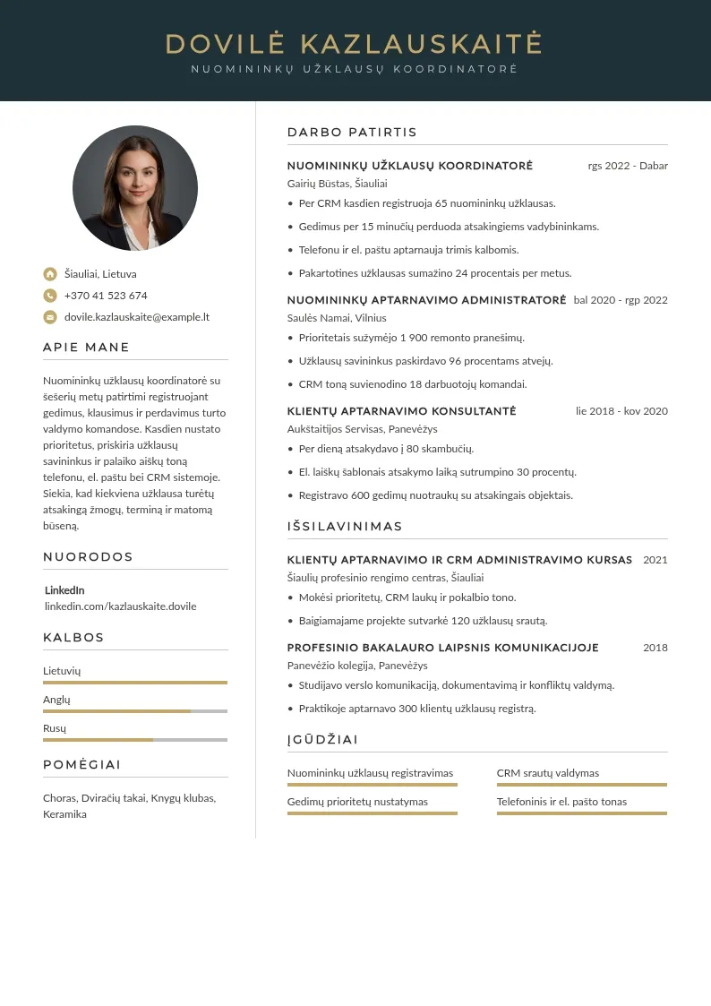 Nuomininkų užklausų koordinatorės CV pavyzdys