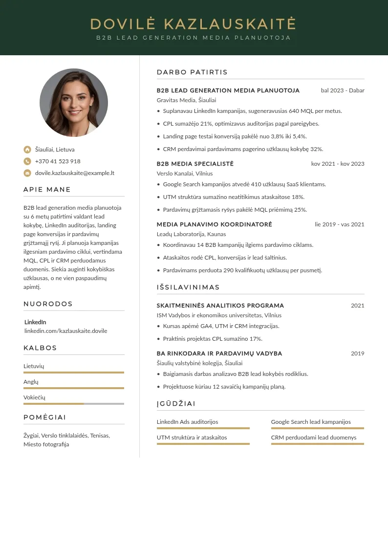B2B užklausų generavimo kampanijų planuotojos CV pavyzdys