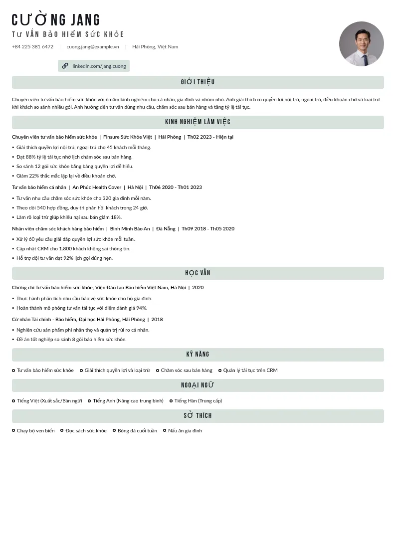 CV tư vấn bảo hiểm sức khỏe