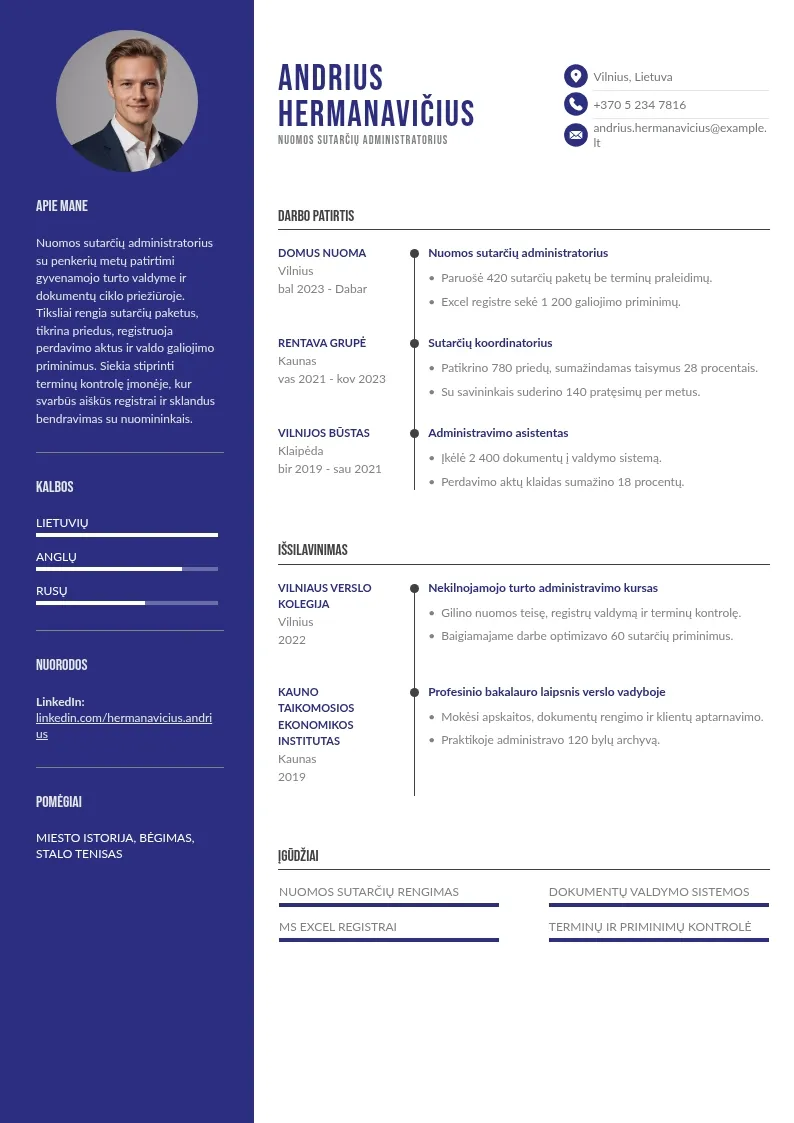 Nuomos sutarčių administratoriaus CV pavyzdys