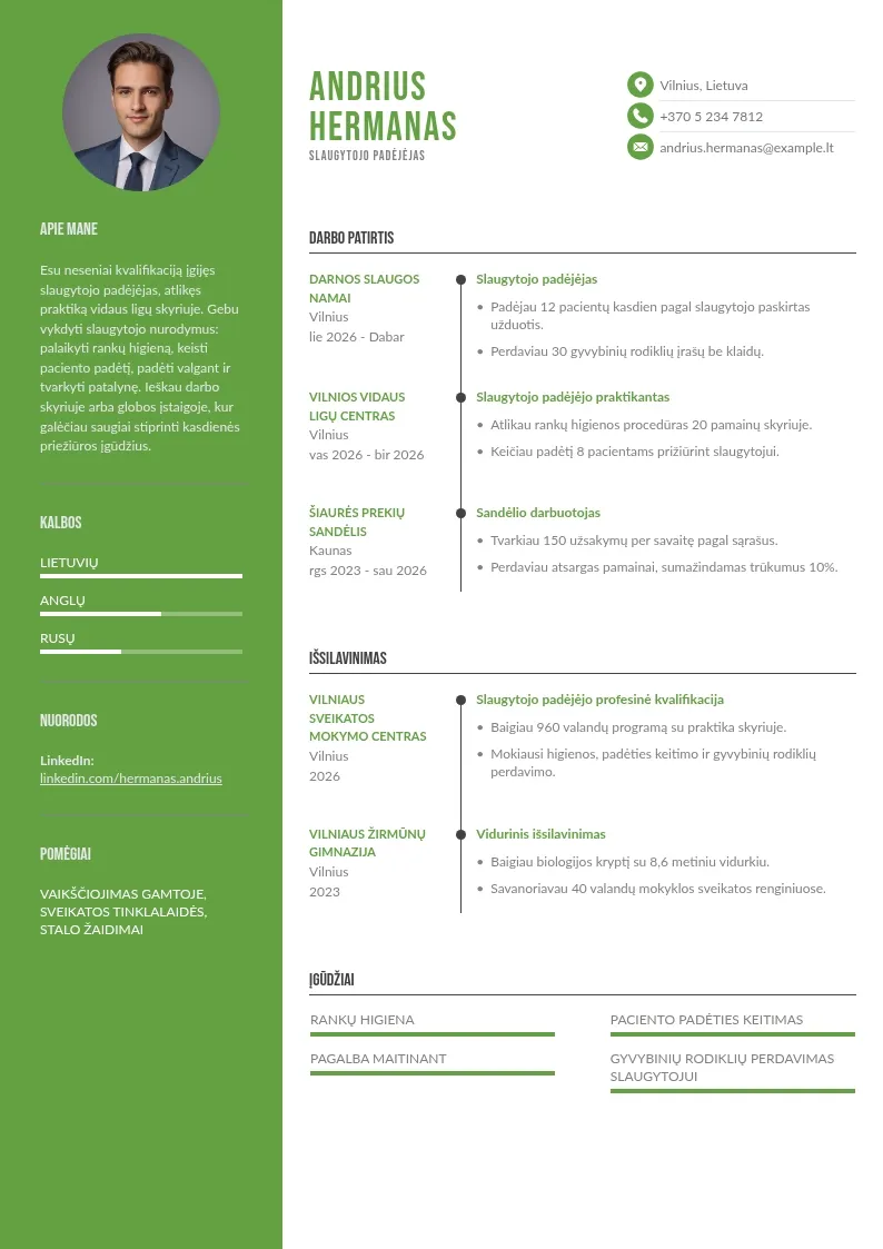 Pradedančiojo slaugytojo padėjėjo CV su profesiniu mokymu ir praktika