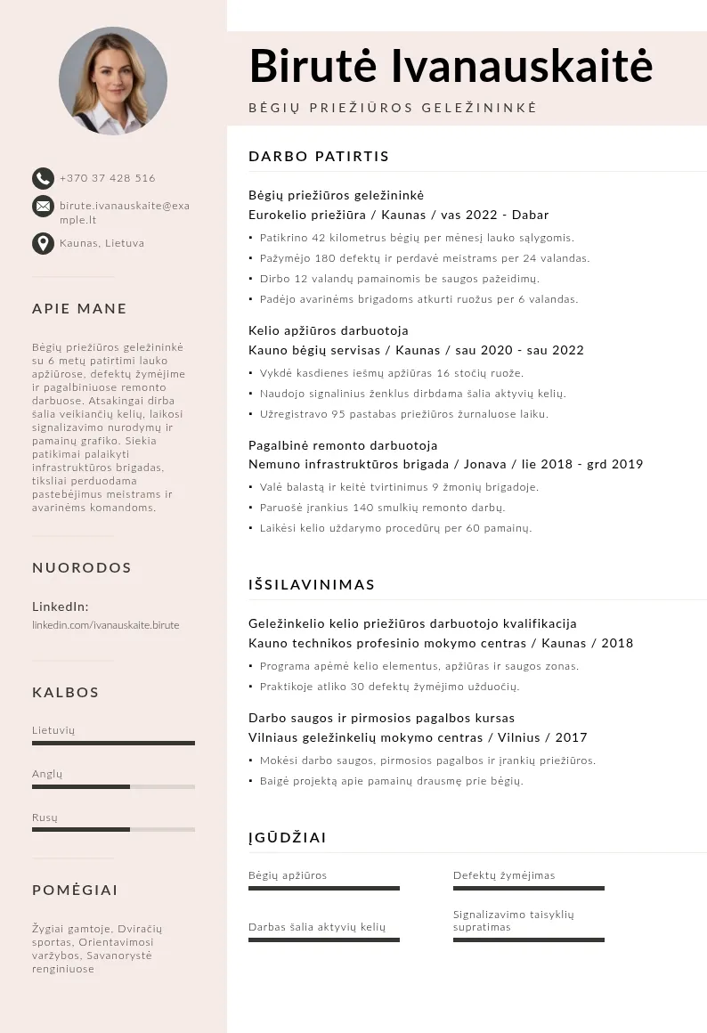 Bėgių priežiūros CV
