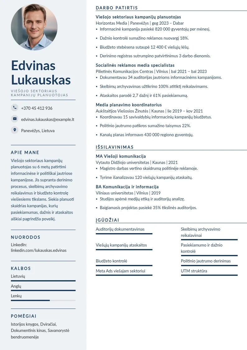 Viešojo sektoriaus informacinių kampanijų planuotojo CV pavyzdys