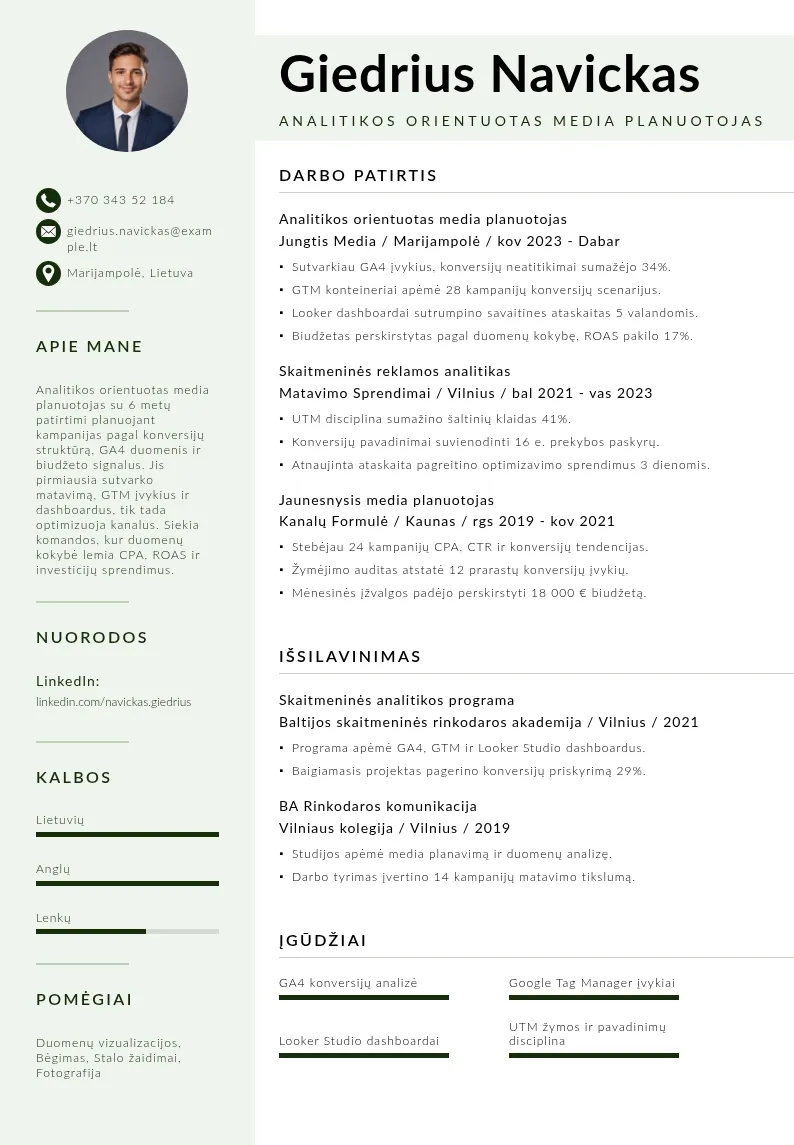 Media planuotojo su analitikos ir kampanijų matavimo patirtimi CV pavyzdys