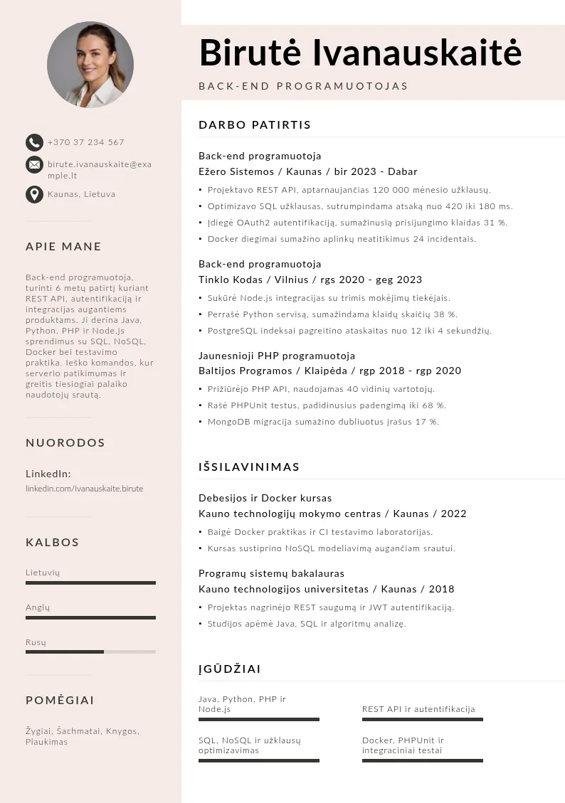 Back-end programuotojo CV
