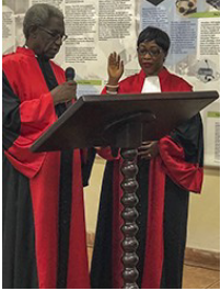 Two Sierra Leonean judges, Justice Alusine Sanie Sesay and Justice Tonia Barnett, were sworn in today before RSCSL President, Justice Jon Kamanda as members of the roster of 16 Judges of the Residual Special Court. In a ceremony held at the Sierra Leone Peace Museum in Freetown, each subscribed to the Solemn Declaration, laid out under Rule 14(A), to serve "honestly, faithfully, impartially and conscientiously" as a Judge of the RSCSL.
